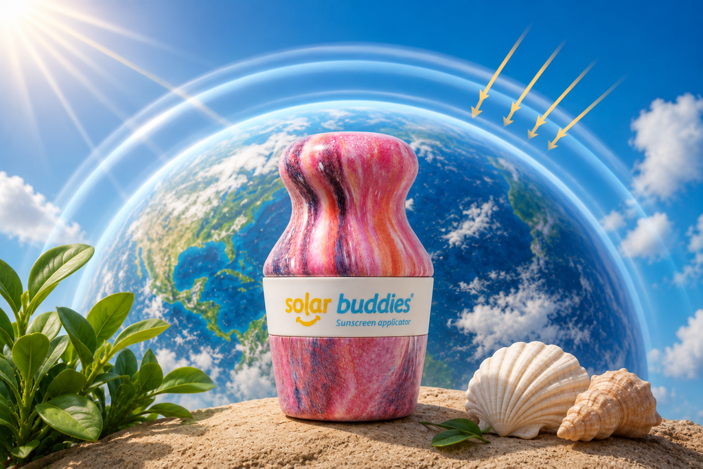 Solar Buddies sunscreen applicator with the Earth and ozone layer in the background