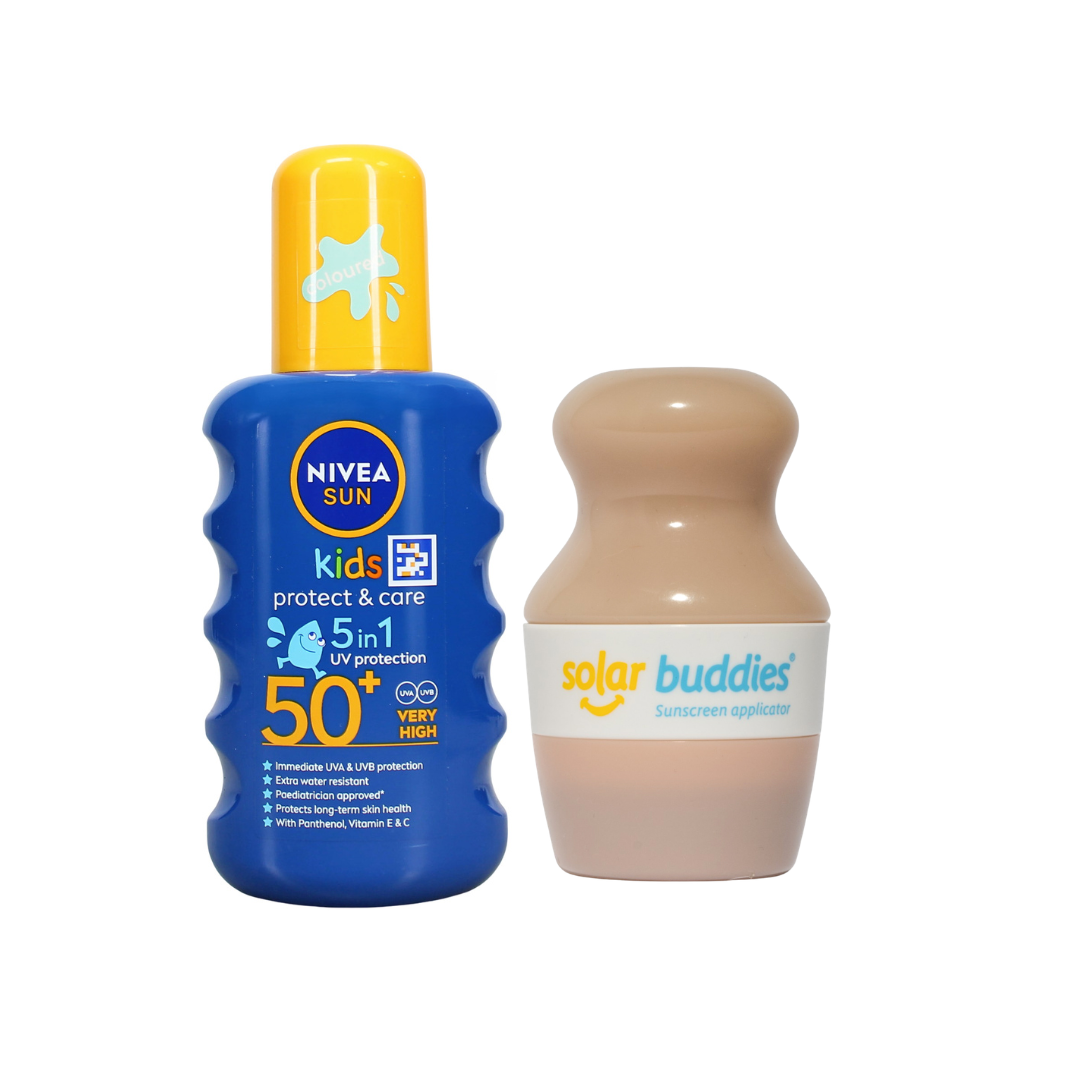 Solar Buddies & NIVEA SUN Kids SPF50+ Bundle | Children's Sunscreen Applicator & SPF50+ Coloured Sun Spray