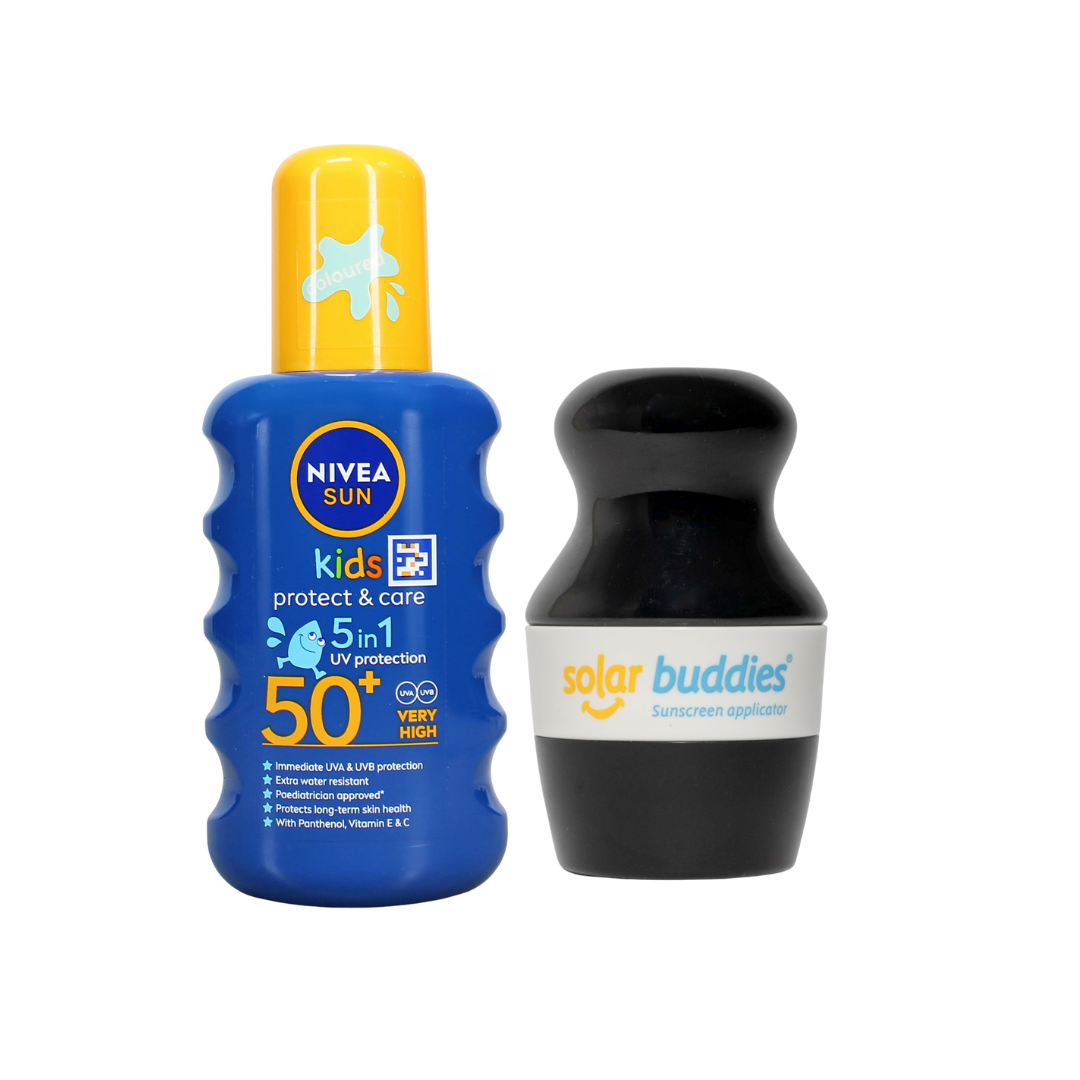 Solar Buddies & NIVEA SUN Kids SPF50+ Bundle | Children's Sunscreen Applicator & SPF50+ Coloured Sun Spray
