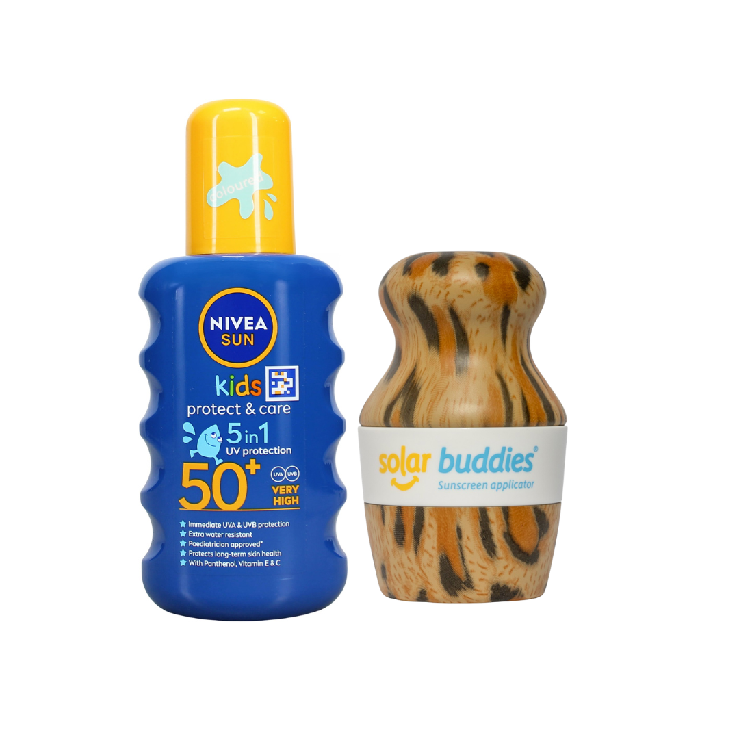 Solar Buddies & NIVEA SUN Kids SPF50+ Bundle | Children's Sunscreen Applicator & SPF50+ Coloured Sun Spray