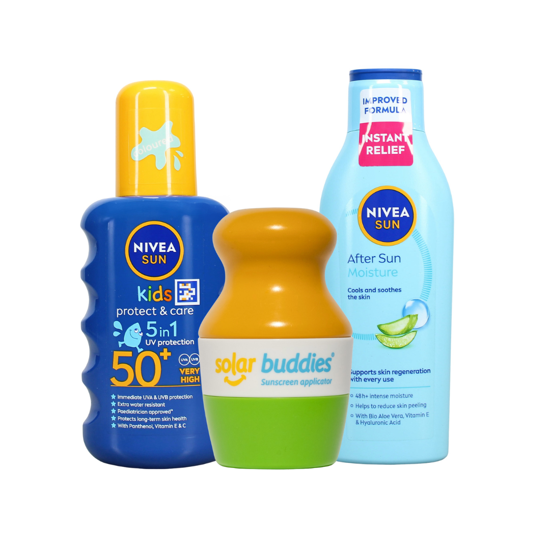Solar Buddies Ultimate Kids Sun Care Bundle | SPF50+ Sunscreen Applicator, NIVEA SUN Kids Sun Spray & After Sun Lotion
