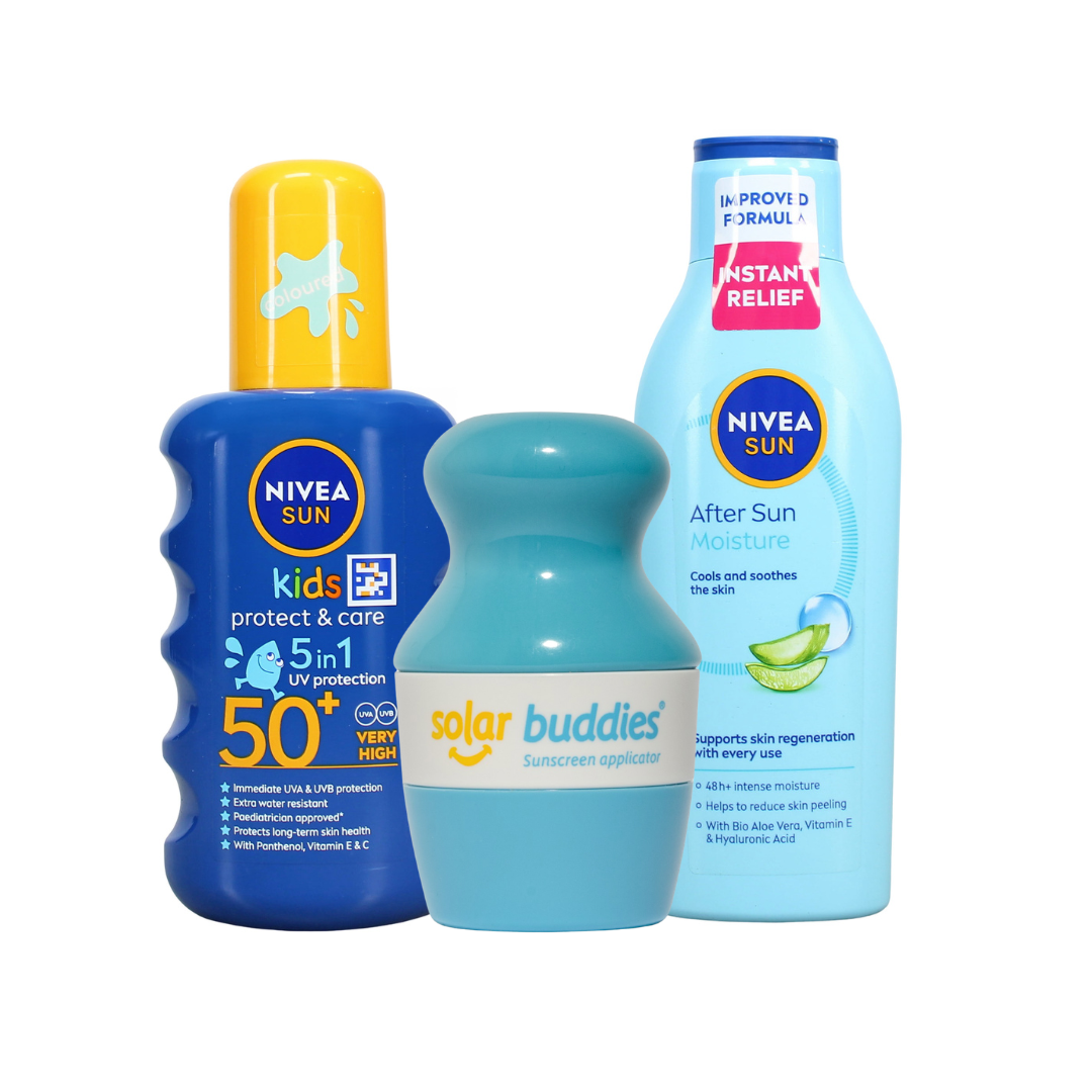 Solar Buddies Ultimate Kids Sun Care Bundle | SPF50+ Sunscreen Applicator, NIVEA SUN Kids Sun Spray & After Sun Lotion