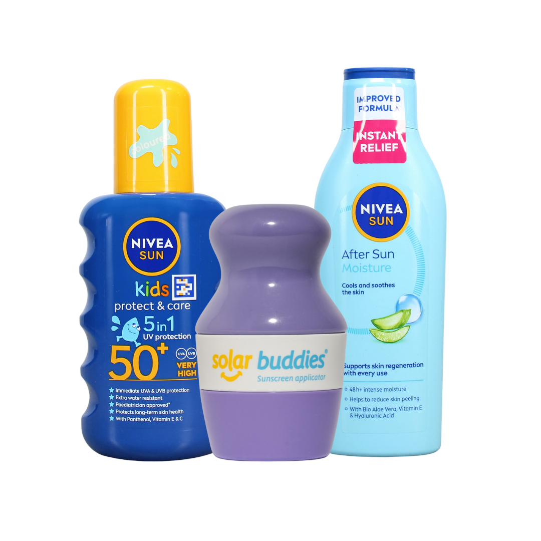 Solar Buddies Ultimate Kids Sun Care Bundle | SPF50+ Sunscreen Applicator, NIVEA SUN Kids Sun Spray & After Sun Lotion