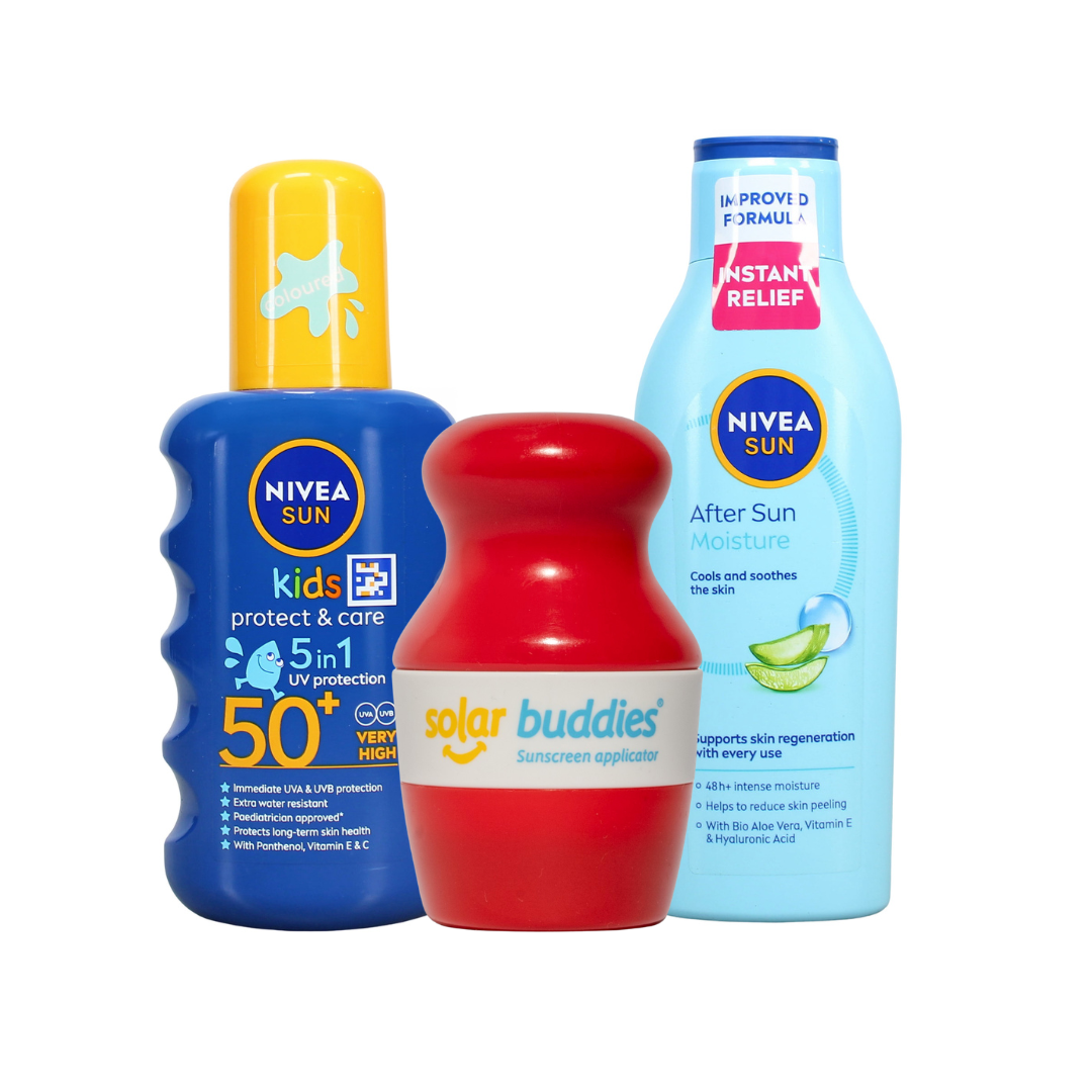 Solar Buddies Ultimate Kids Sun Care Bundle | SPF50+ Sunscreen Applicator, NIVEA SUN Kids Sun Spray & After Sun Lotion