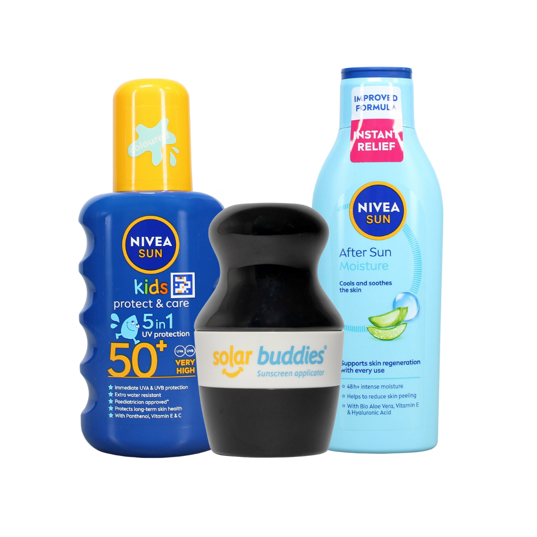 Solar Buddies Ultimate Kids Sun Care Bundle | SPF50+ Sunscreen Applicator, NIVEA SUN Kids Sun Spray & After Sun Lotion