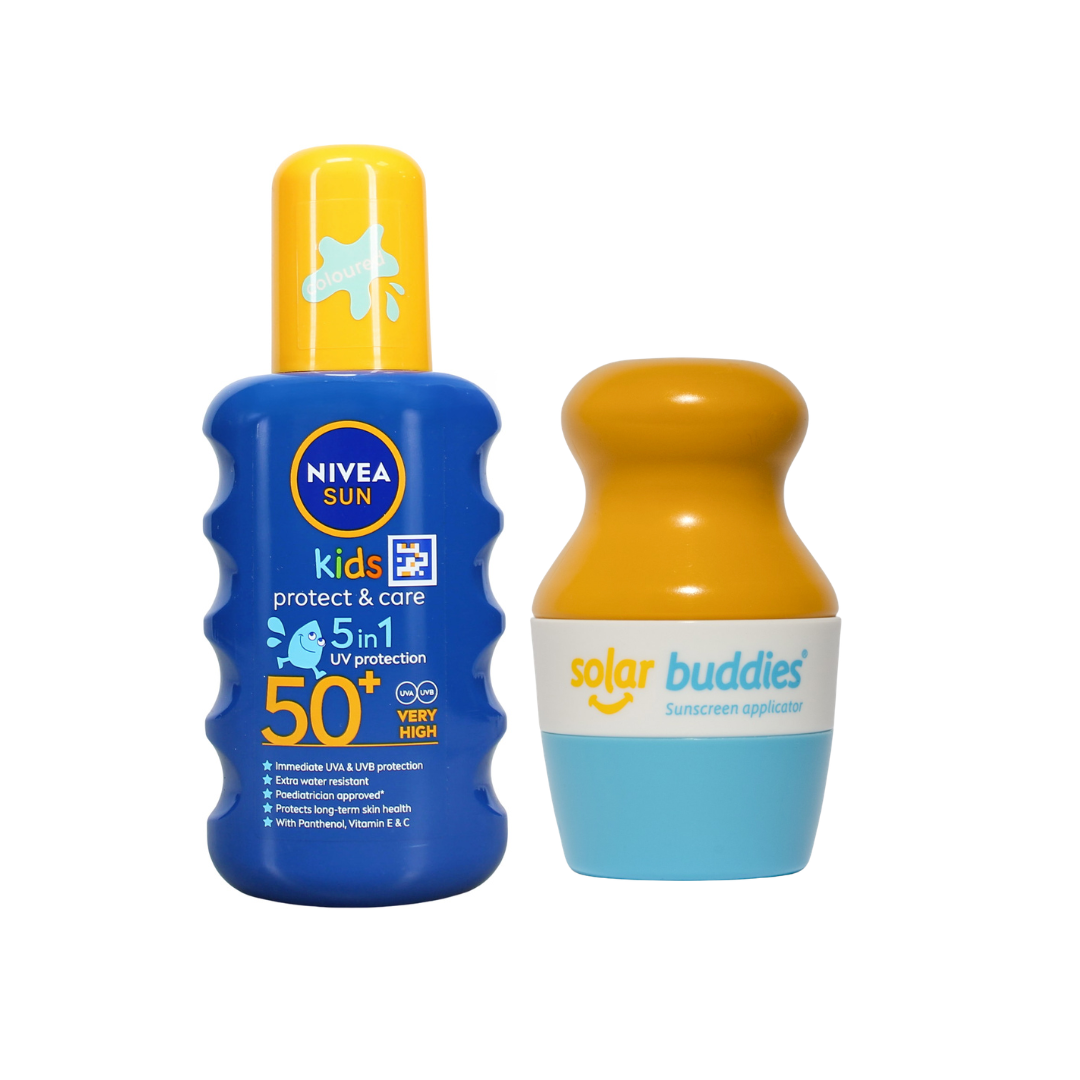 Solar Buddies & NIVEA SUN Kids SPF50+ Bundle | Children's Sunscreen Applicator & SPF50+ Coloured Sun Spray
